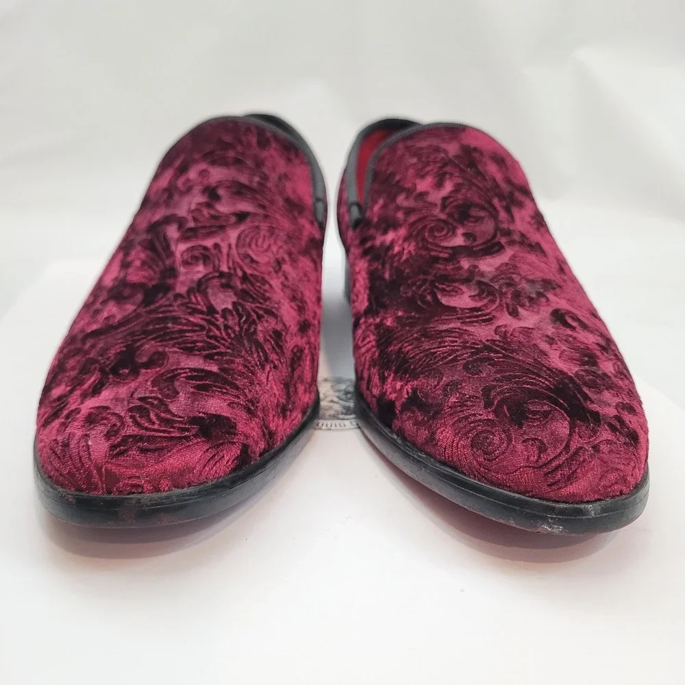 Enzo Romeo Loafers Mens 6.5 Burgundy Velvet Floral Damask Embossed Dress Shoes
